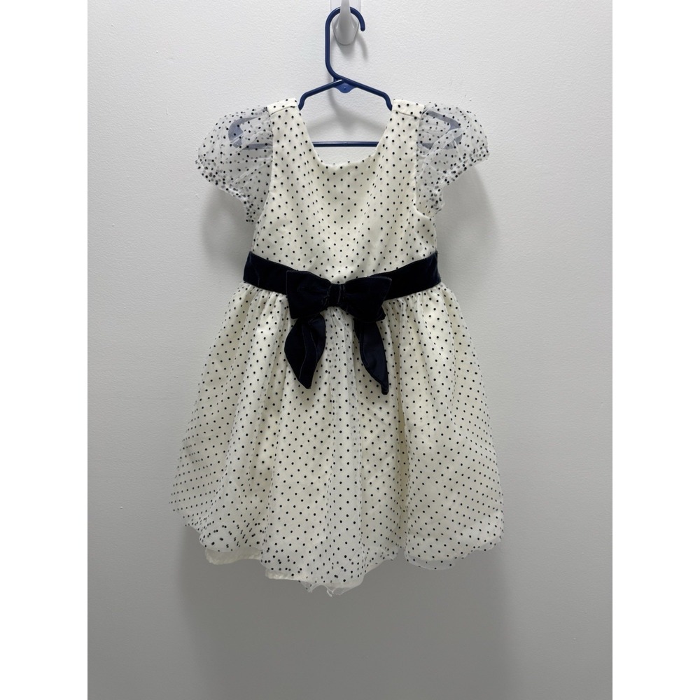 Janie and Jack Girls Polka Dot Tulle Dress Size 5 Cream Navy Blue Spotlight